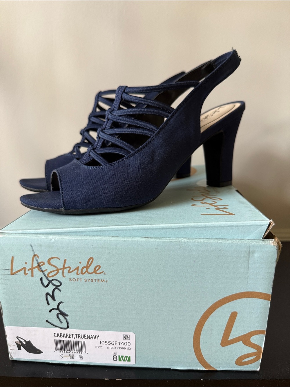 Life Stride Navy Strappy Peep-Toe Slingback Heels